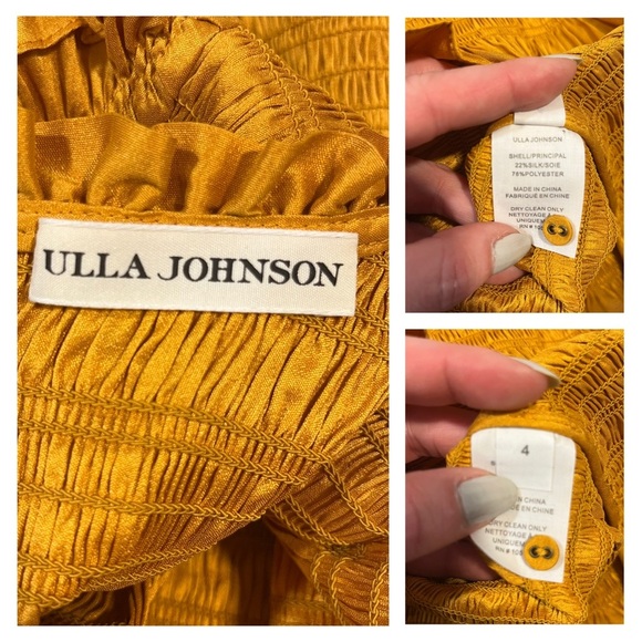 ULLA JOHNSON Aurele dress gold mini silk 4 puff sleeve smocked shirred NWOT - Picture 14 of 15